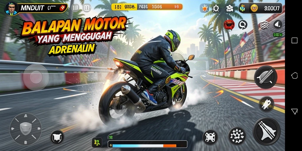 Tampilan gameplay seru dalam MNDUIT yang menampilkan balapan motor.