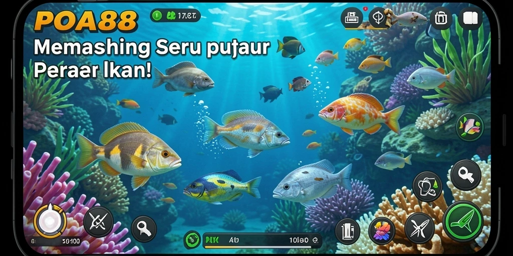 Screenshot utama gameplay POA88 yang menunjukkan aksi memancing yang seru.